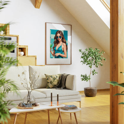 Chic summer-themed printable wall art featuring a stylish woman in teal sunglasses and dress, holding a vibrant green cocktail, set against a bold geometric teal and aqua background - perfect for beach or poolside decor