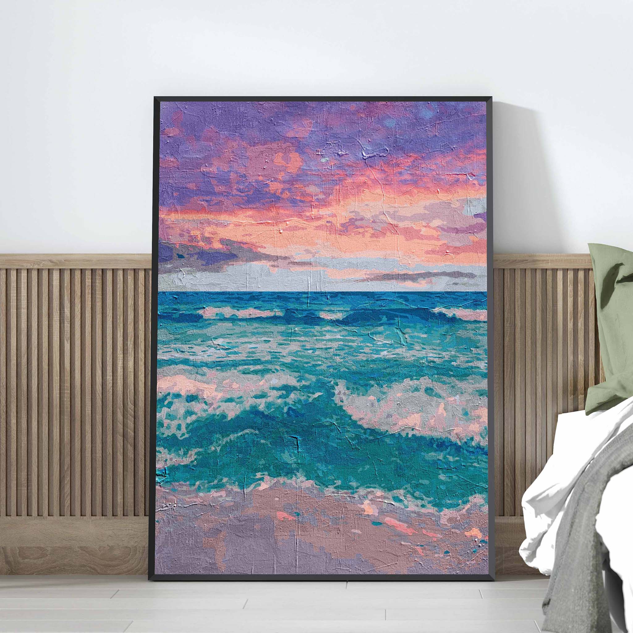 Peaceful ocean wall art featuring gentle turquoise waves rolling onto the shore beneath a vibrant pink and purple sunset sky, with a soft textured painterly effect