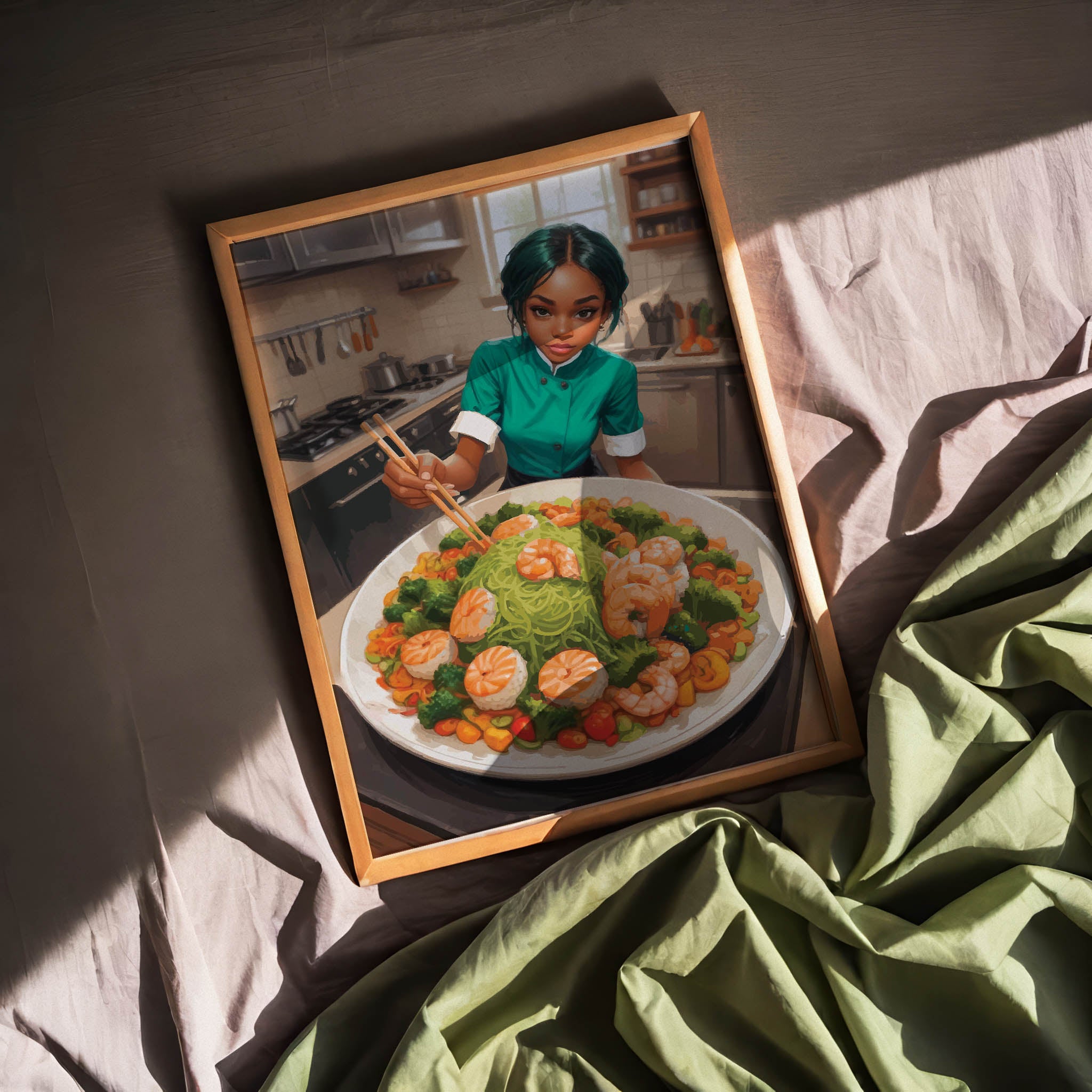 Illustrated scene of a young chef in a green uniform preparing a colourful dish in a bright kitchen. She uses chopsticks to arrange a large platter filled with green noodles, shrimp, broccoli, and vibrant vegetables, creating a fresh and artistic food presentation.