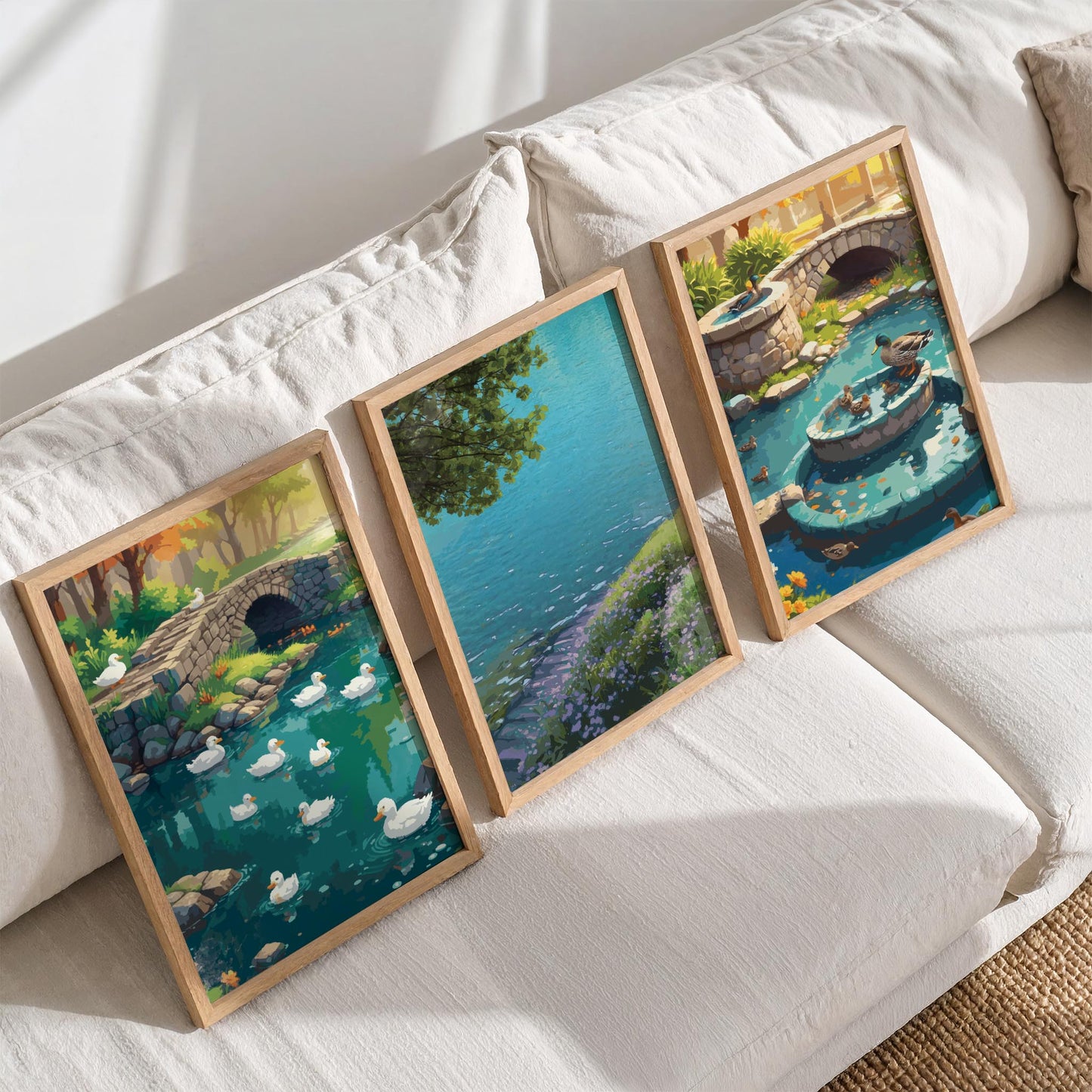 Coordinated set of three nature prints with water scenes and ducks styled on a minimalist shelf with greenery