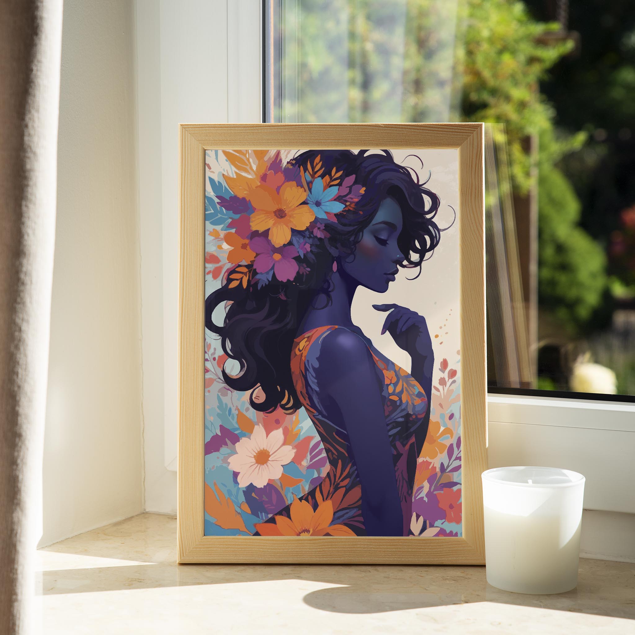 Bold and colorful printable wall art of a dark-skinned woman in profile, adorned with vivid flowers in her hair and dress, set against a vibrant floral backdrop, perfect for modern, empowering, and artistic decor themes