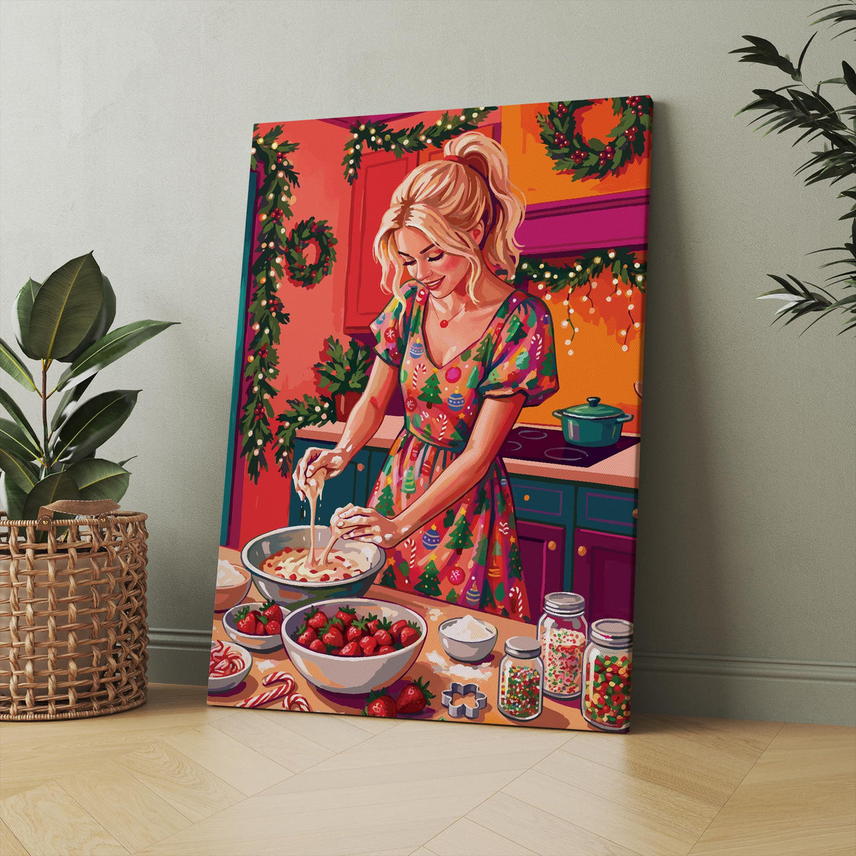 Dopamine-style holiday baking print — a painterly woman in a Christmas tree and candy cane patterned dress mixing dough at a counter filled with strawberries, sprinkles, and baking ingredients in a richly decorated orange and teal Christmas kitchen