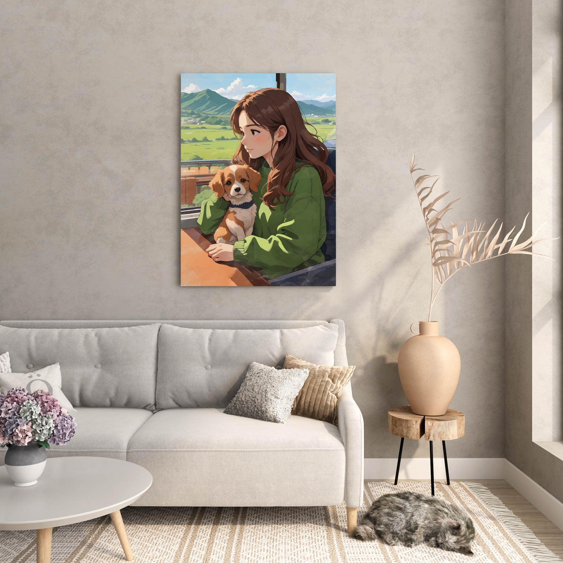 Cozy printable wall art featuring a girl with long brown hair in a green sweater, sitting by the window with a cute puppy, enjoying a peaceful countryside view with mountains and blue skies - perfect for dog lovers and nature-inspired home decor. 
