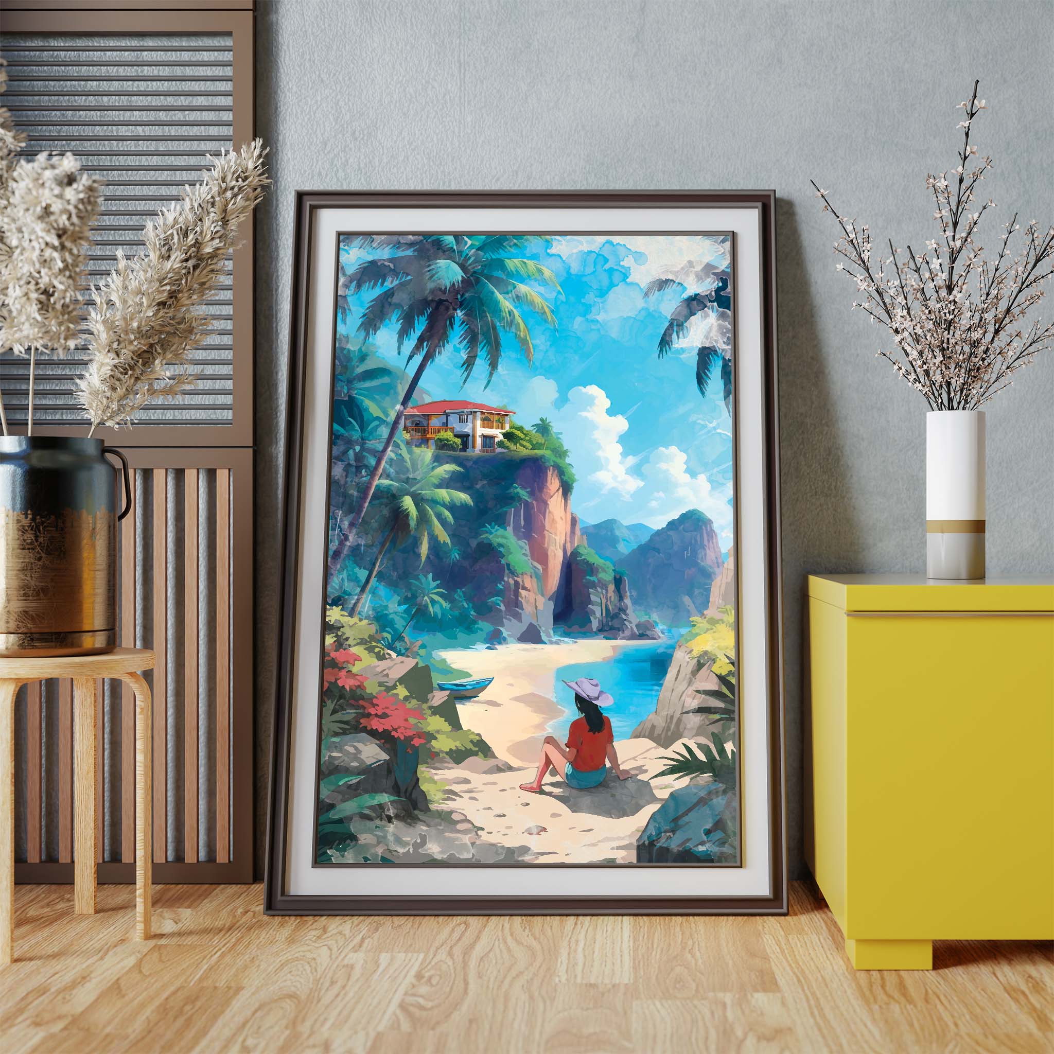 Tropical beach escape printable wall art featuring a woman in a sunhat sitting on a sandy shore, gazing at a luxury villa perched atop a lush cliff surrounded by palm trees, with turquoise waters and mountains in the background, perfect for vacation, wanderlust, or coastal-inspired decor