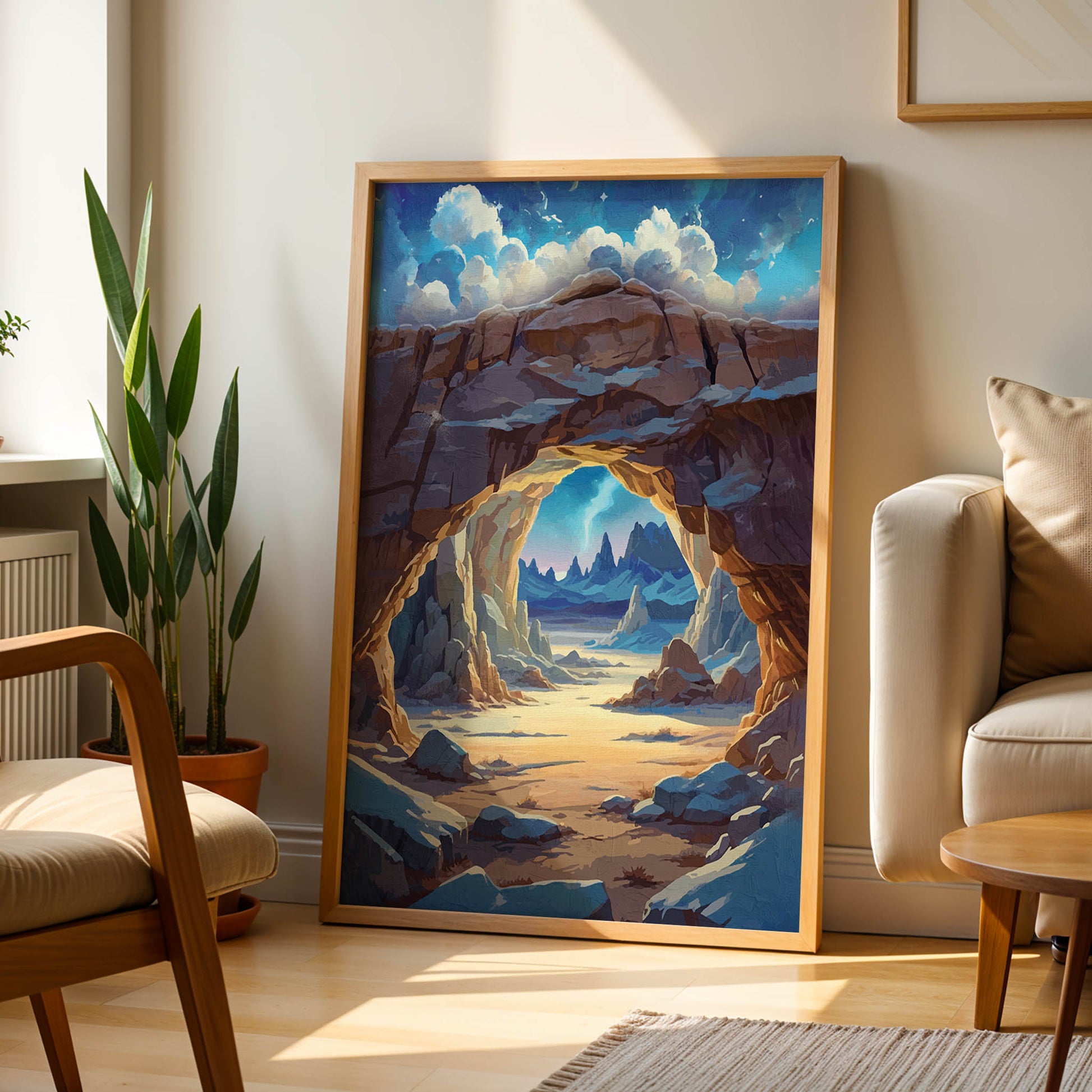Digital painting of a scenic desert canyon with a natural rock arch framing distant mountains under a dreamy sky, printable wall art perfect for nature and landscape lovers
