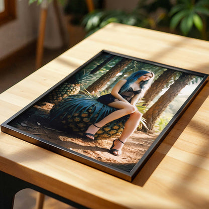 Moody artistic portrait of a woman with long blue hair sitting on a large pineapple in a sunlit forest. She wears a black lace dress and heels, surrounded by tall trees and lush greenery, creating a surreal, whimsical, and slightly mysterious atmosphere with tropical and fantasy elements. Printable Wall Art. Digital Download.