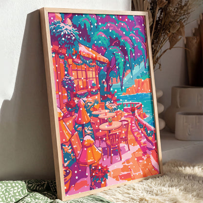 Colorful coastal wall art featuring a seaside patio with garland-draped windows, falling snow, and frosted trees above the water.