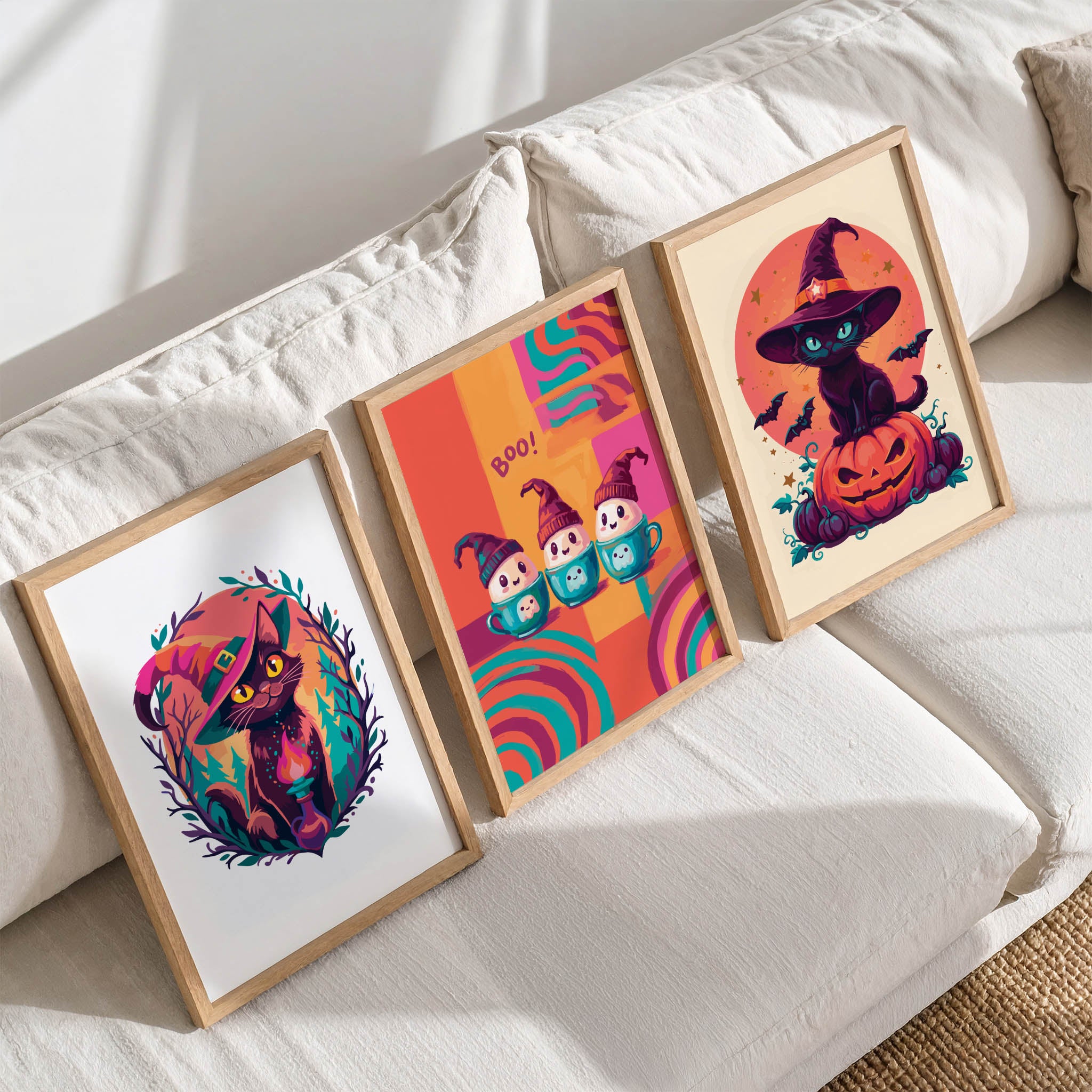 Room mockup of a mixed Halloween character art bundle - three white-framed dopamine-style prints on a natural oak ledge featuring a witch cat botanical portrait, a playful ghost marshmallow trio, and a vintage-style witch cat pumpkin poster