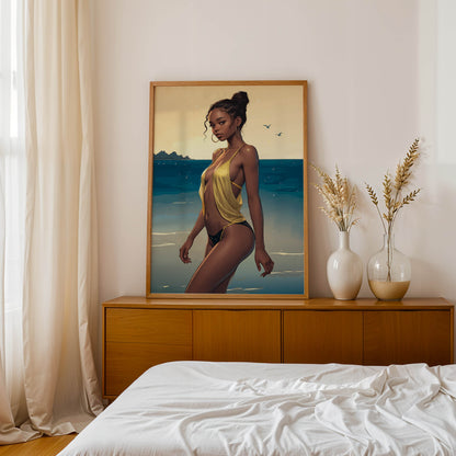 Elegant beach portrait illustration of a confident woman standing by the ocean at sunset, wearing a flowing yellow swimsuit with soft golden light reflecting on the water. Modern feminine wall art with a calm coastal vibe, warm tones, and a sophisticated summer aesthetic. Printable Wall Art. Digital Download.