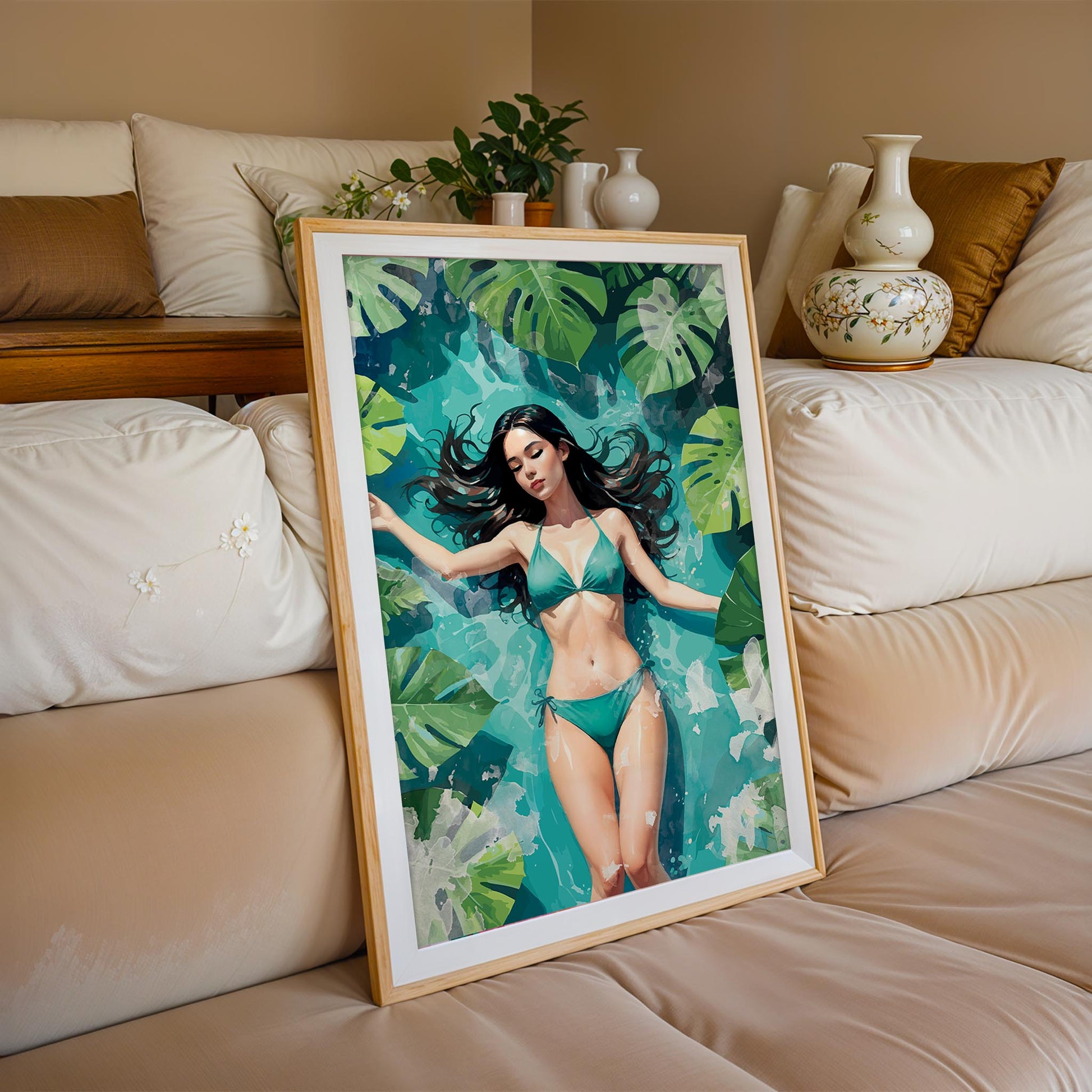 Serene illustration of a woman in a turquoise bikini floating peacefully in clear blue water surrounded by lush green tropical leaves. Her eyes are closed, and her long dark hair flows gently around her, creating a calm, summery, and tranquil atmosphere.