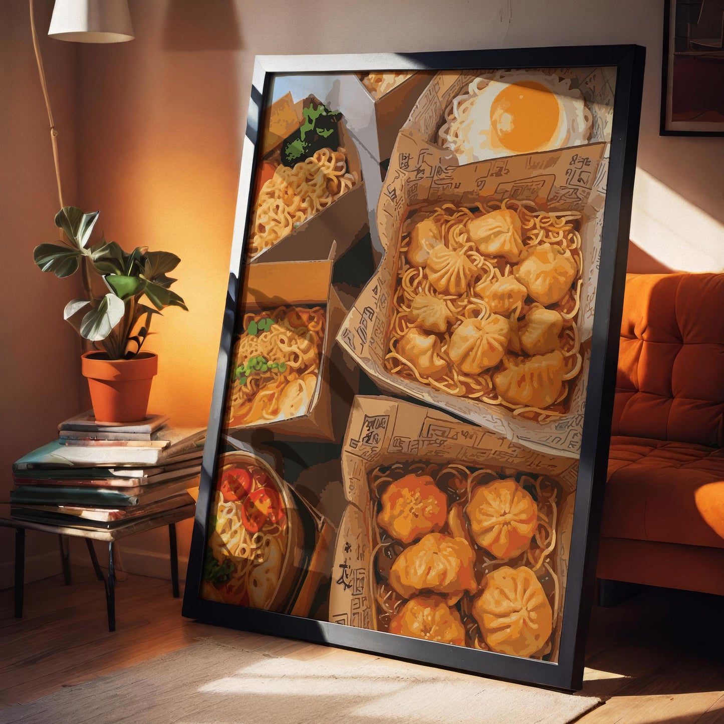 Vibrant food illustration featuring takeout boxes filled with Asian cuisine, including noodles, dumplings, and a fried egg. The warm colours and detailed textures create a mouthwatering, cosy street-food vibe perfect for kitchen or dining room wall art.