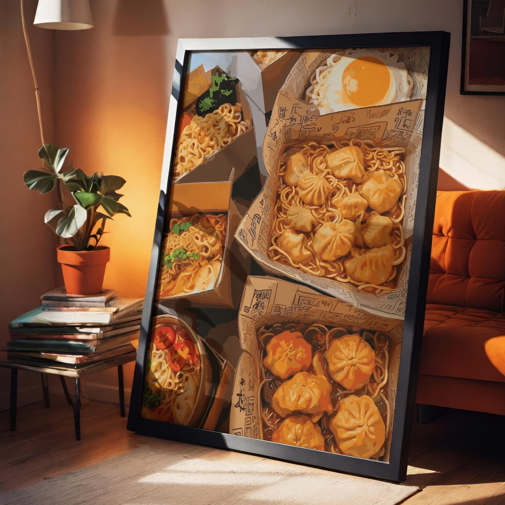 Vibrant food illustration featuring takeout boxes filled with Asian cuisine, including noodles, dumplings, and a fried egg. The warm colours and detailed textures create a mouthwatering, cosy street-food vibe perfect for kitchen or dining room wall art.
