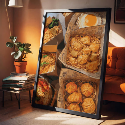 Vibrant food illustration featuring takeout boxes filled with Asian cuisine, including noodles, dumplings, and a fried egg. The warm colours and detailed textures create a mouthwatering, cosy street-food vibe perfect for kitchen or dining room wall art.