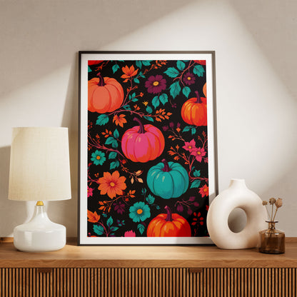 Close-up of a painterly fall pumpkin print with a deep black background, jewel-toned teal and magenta pumpkins, purple dahlias, and vibrant orange floral vines in an all-over pattern