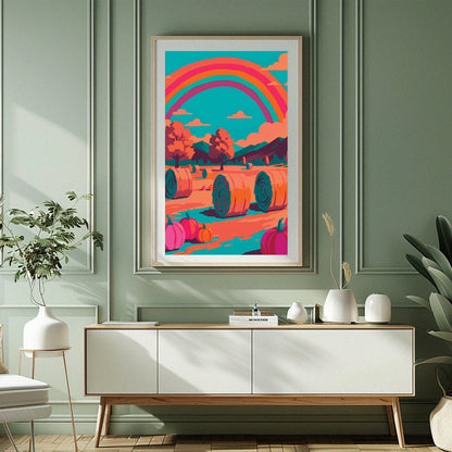 Bold illustrated autumn landscape print with hay bales, hot pink and orange pumpkins, fall trees, teal mountains, and a vibrant rainbow arc across a bright teal sky