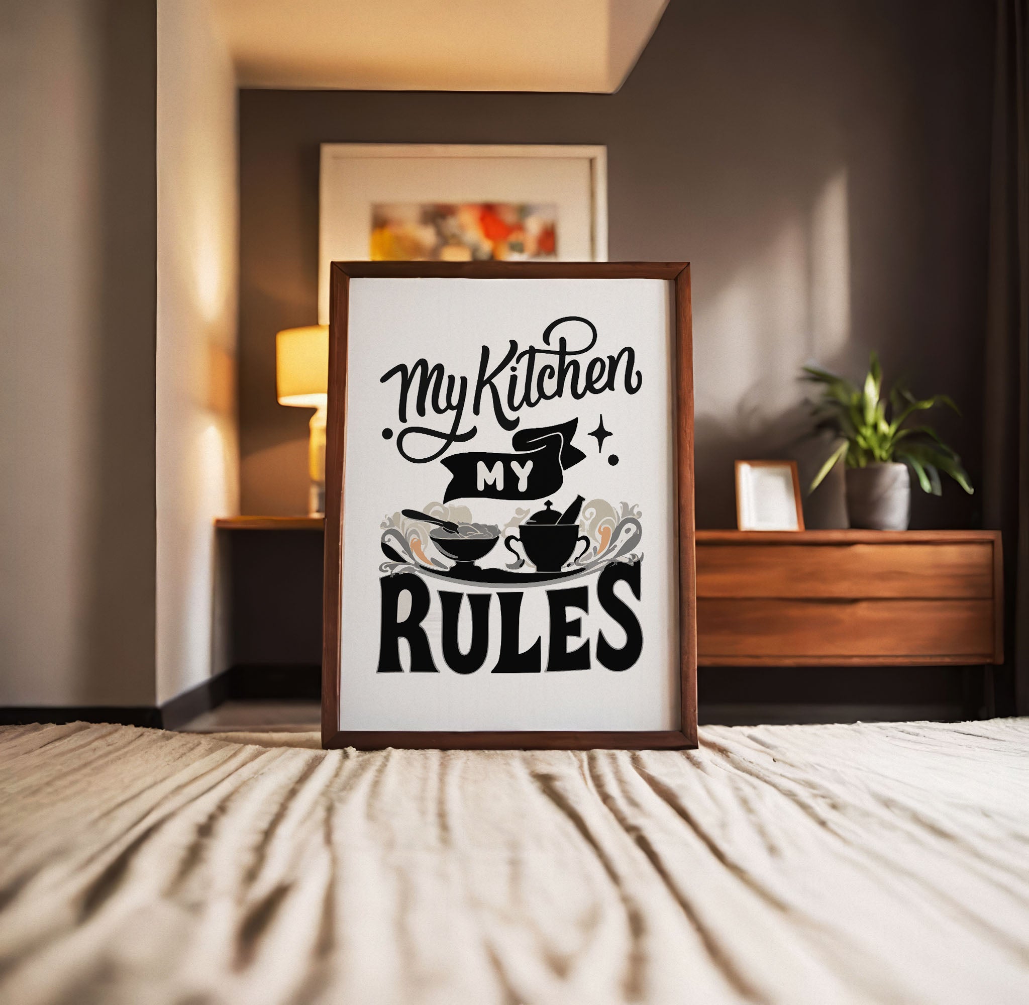 Rustic kitchen quote poster saying My Kitchen My Rules, cozy farmhouse printable wall art