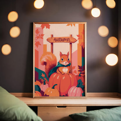 Dopamine-style woodland animal print - a painterly red squirrel in a teal scarf sitting atop a pile of harvest pumpkins under a hand-lettered timber sign against a warm colour-blocked pink and peach background