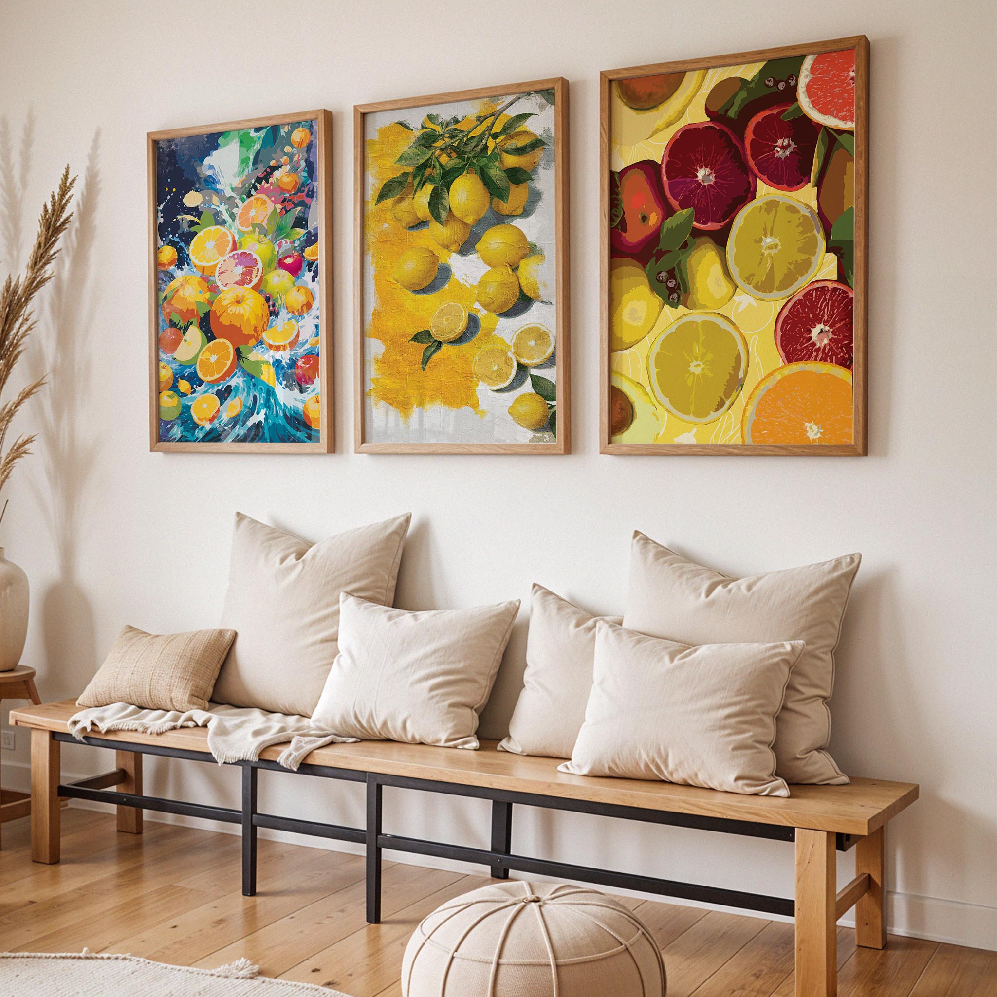 Coordinated citrus print set with vibrant fruit artwork styled on a shelf with greenery and clean neutral wall