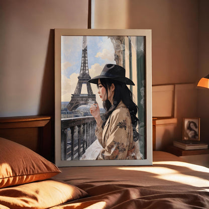 Elegant Parisian illustration of a woman in a wide-brim hat standing on a balcony overlooking the Eiffel Tower, bathed in soft daylight with muted neutral tones and painterly textures. Romantic Paris wall art with a chic, dreamy, travel-inspired aesthetic.
