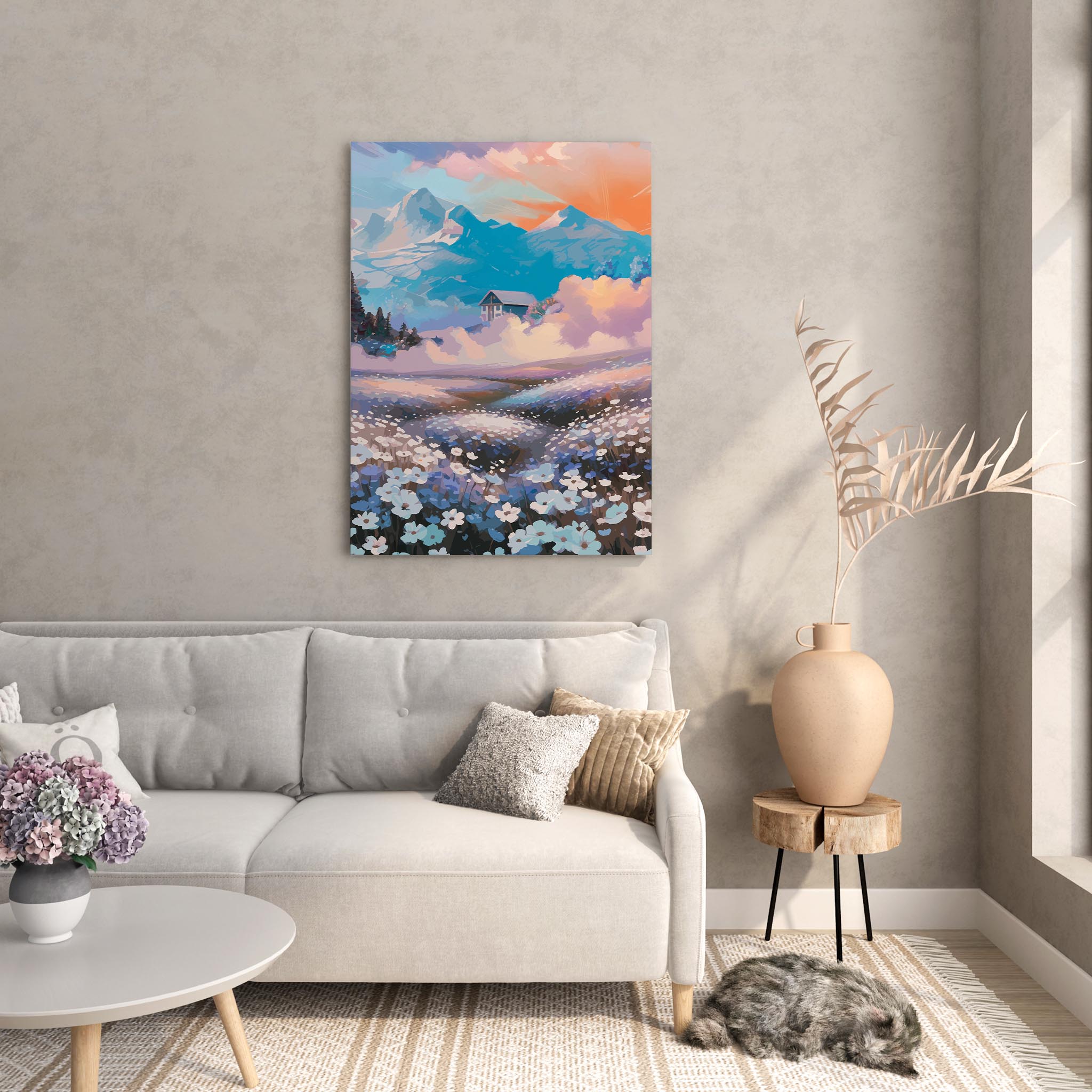 Dreamy landscape printable wall art featuring a field of soft blue and white wildflowers leading to a cottage nestled in the clouds, with majestic blue mountains and a glowing sunset sky in the background - perfect for fantasy, floral, or serene nature-inspired decor
