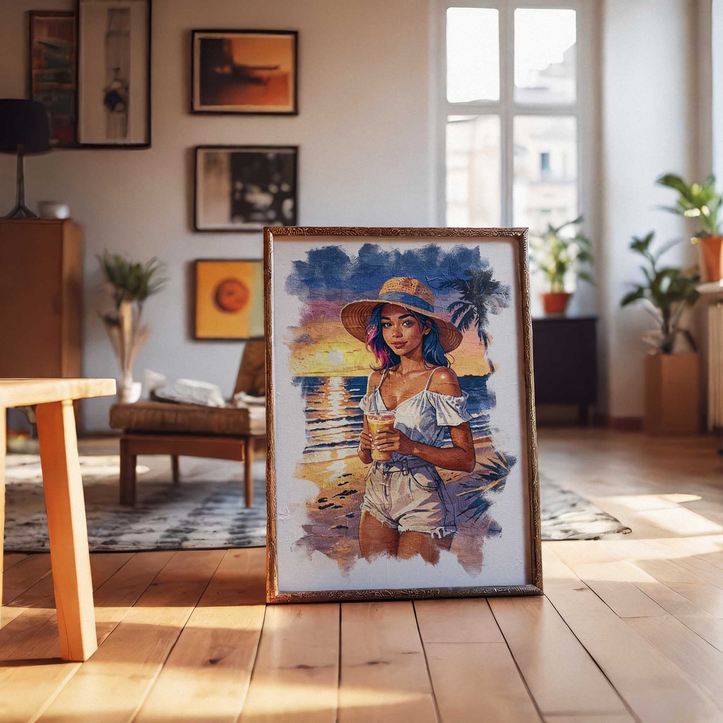 Vibrant beach scene illustration of a young woman with rainbow-tinted hair wearing a straw hat, white off-shoulder top, and denim shorts, holding a tropical drink. The sunset glows behind her with warm orange and purple tones reflecting on the ocean waves, creating a relaxed and summery atmosphere.