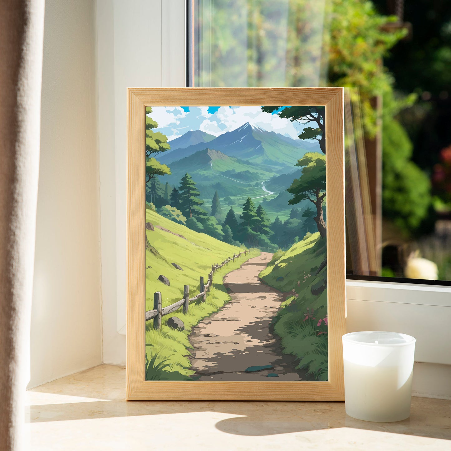 Peaceful nature landscape featuring a winding dirt path through bright green hills, lined with a rustic wooden fence. Tall trees frame the scene, leading the eye toward distant blue mountains, rolling forests, and a river glistening under a sky filled with fluffy white clouds.