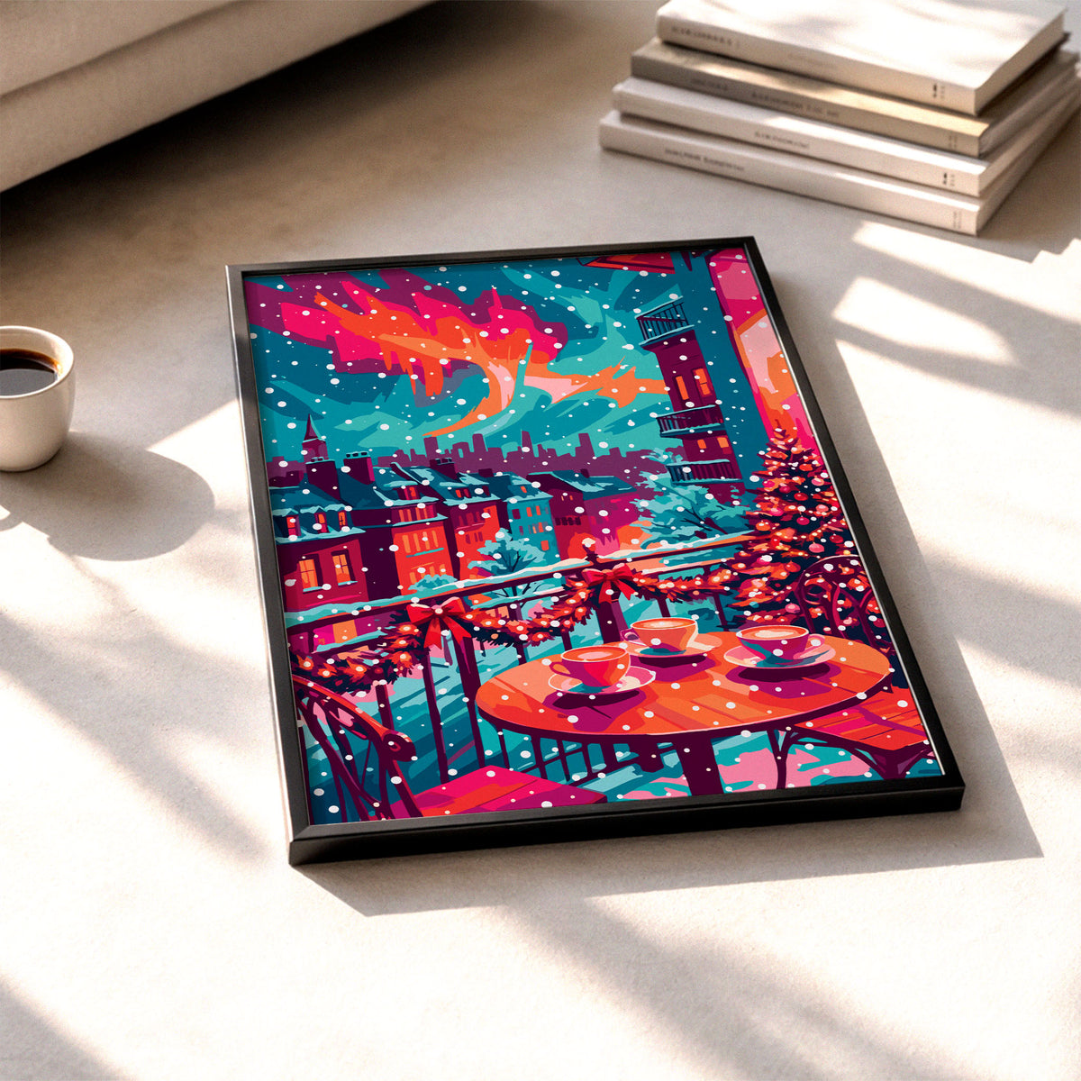 Colorful winter cityscape wall art featuring a balcony café table with coffee cups, falling snow, and holiday garland against a teal and coral skyline.