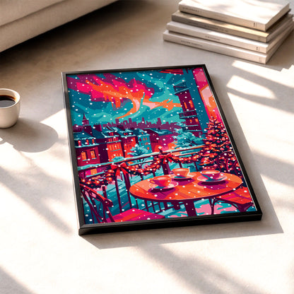 Colorful winter cityscape wall art featuring a balcony café table with coffee cups, falling snow, and holiday garland against a teal and coral skyline.