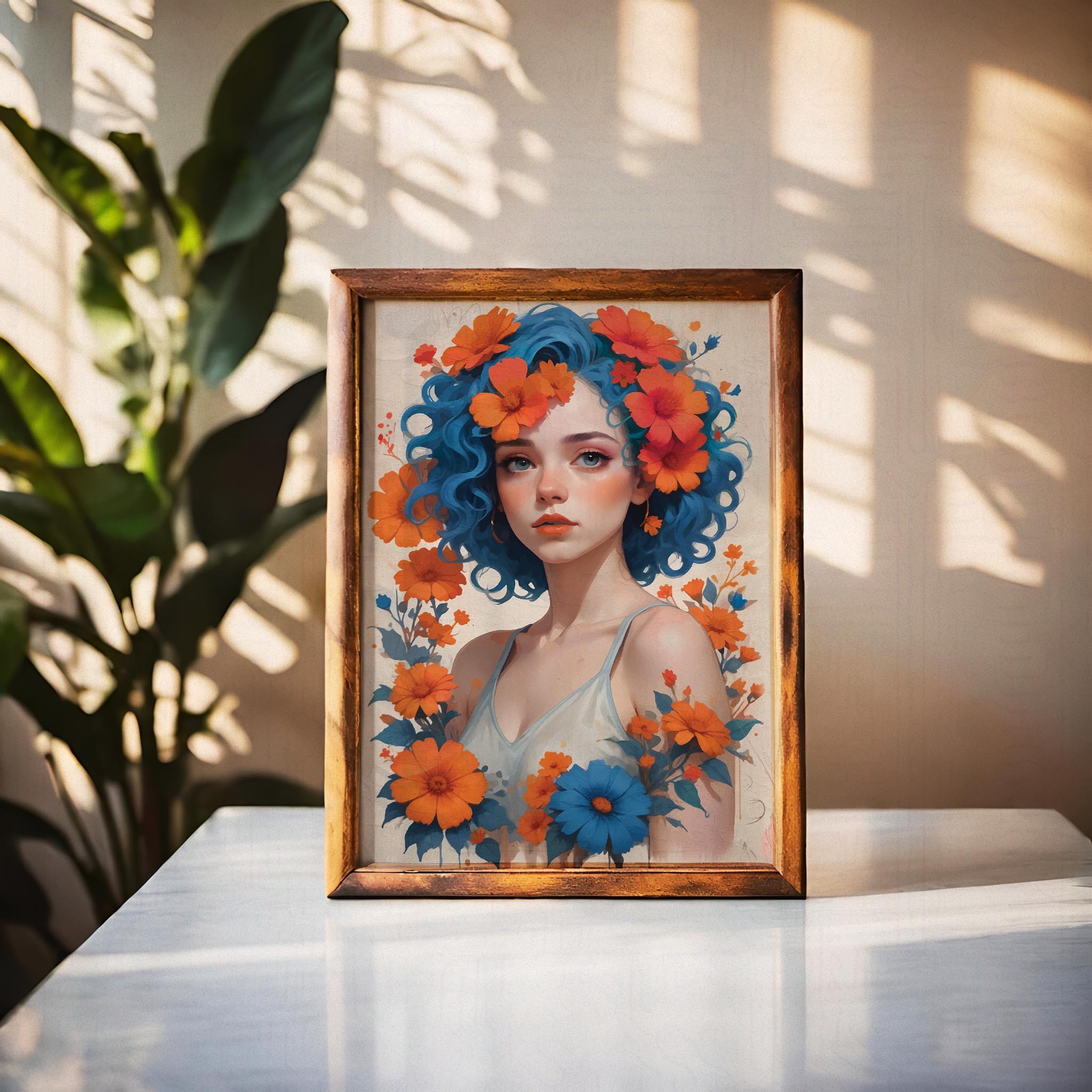 Whimsical digital portrait of a young woman with vibrant blue curly hair adorned with orange and red flowers, surrounded by matching blossoms - striking printable wall art for bold and artistic home decor
