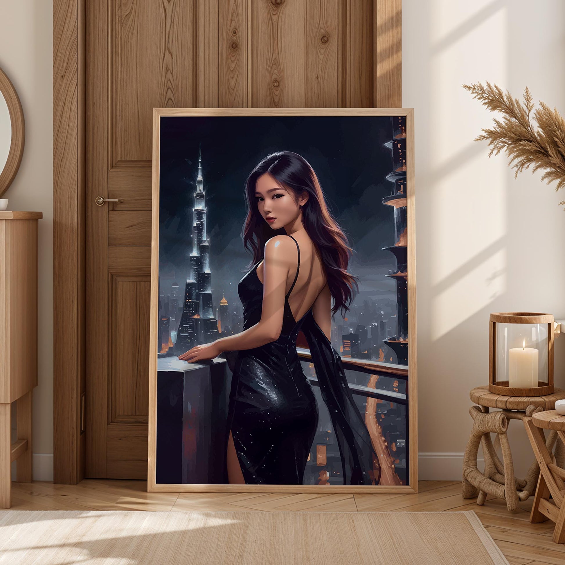 Elegant digital wall art of a woman in a sleek black evening gown standing on a balcony, gazing over a glowing futuristic city skyline at night with illuminated skyscrapers