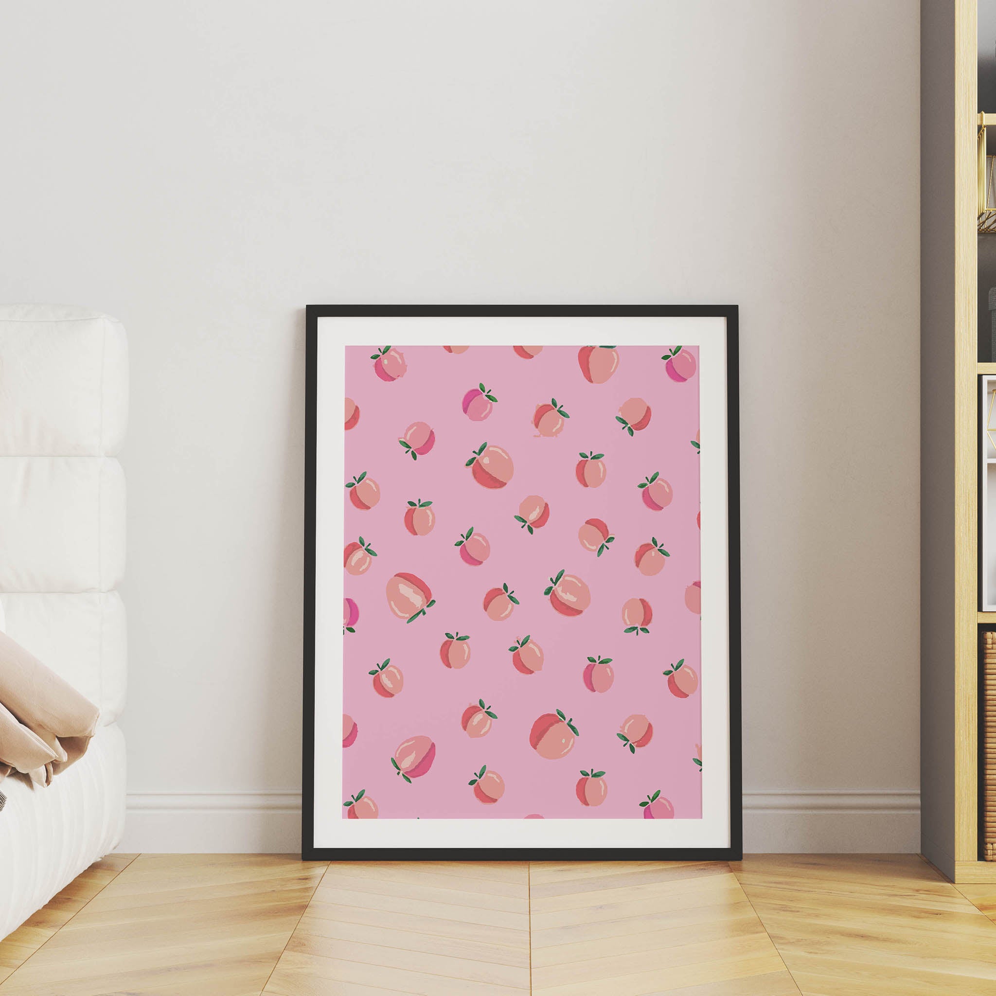 Playful pink wall art featuring a seamless pattern of illustrated peaches with green leaves, perfect for kitchens, nurseries, or fruity-themed decor