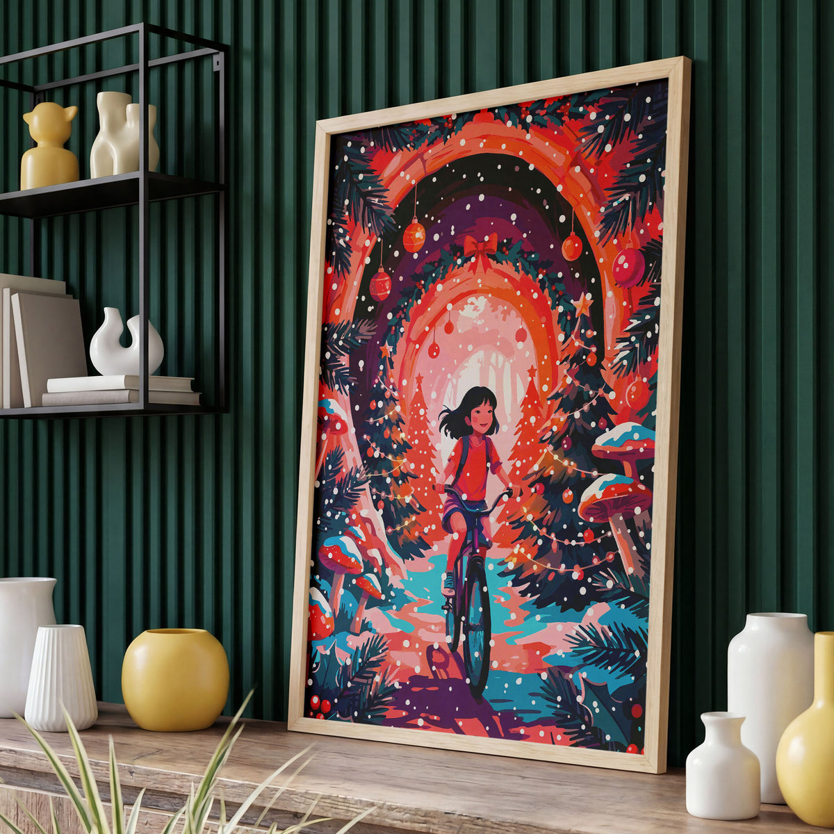 Dopamine-style holiday character print — a painterly dark-haired girl in a red top cycling through an enchanted Christmas pine forest with teal snow-dusted mushrooms, garland-hung tree arch, red ornaments, and a glowing orange portal light ahead