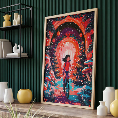 Dopamine-style holiday character print — a painterly dark-haired girl in a red top cycling through an enchanted Christmas pine forest with teal snow-dusted mushrooms, garland-hung tree arch, red ornaments, and a glowing orange portal light ahead