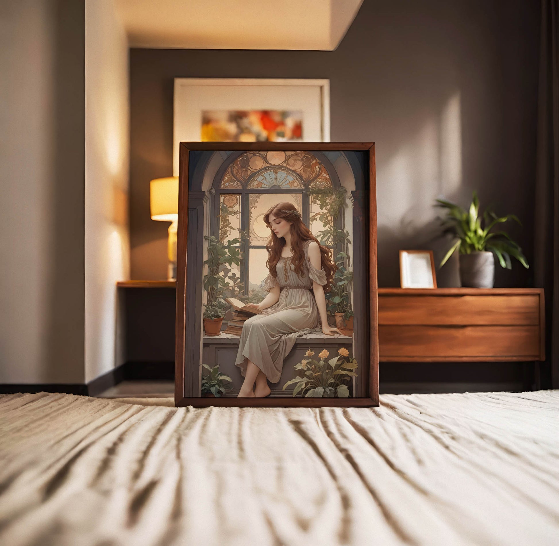 Romantic digital wall art of a young woman in a flowing dress reading a book by a vintage arched window, surrounded by lush potted plants and soft golden light