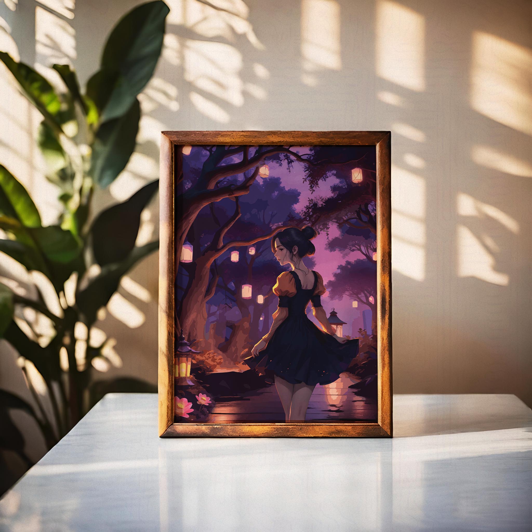 Enchanting digital artwork of a woman in a black dress walking through a magical lantern-lit forest at twilight - dreamy printable wall art perfect for whimsical or fantasy-themed decor