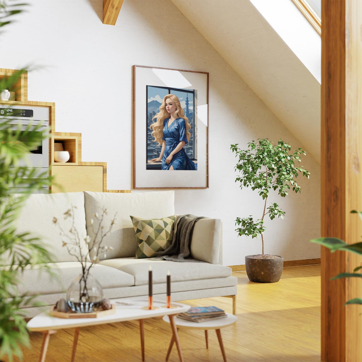 Elegant illustration of a blonde woman in a flowing blue kimono-style dress standing by a large window overlooking a city skyline. Soft sunlight highlights her wavy hair as distant mountains and a tall tower rise in the background, creating a calm and sophisticated atmosphere.