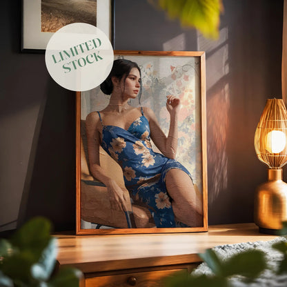 Elegant printable wall art featuring a stylish woman in a floral blue dress, seated gracefully on a chair against a soft, vintage-inspired floral backdrop, evoking sophistication and quiet confidence.