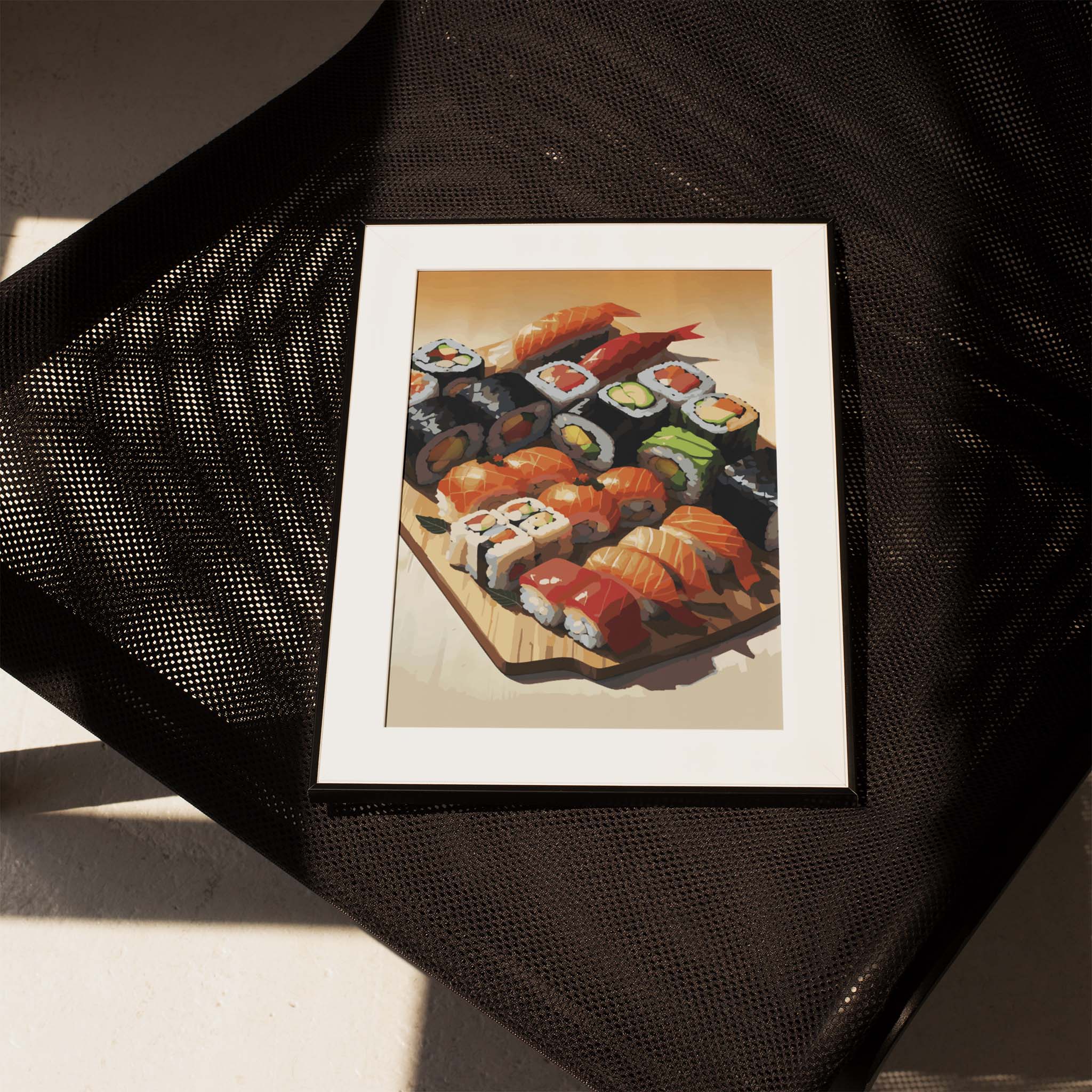 Printable wall art of an assorted sushi platter featuring colorful nigiri and sushi rolls with salmon, tuna, avocado, and vegetables, beautifully arranged on a wooden board, perfect for kitchen, dining area, or Japanese cuisine-themed decor.
