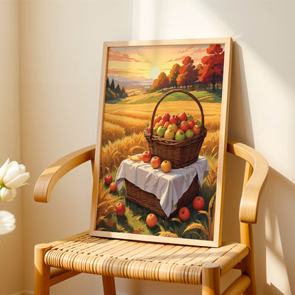 Digital wall art of a basket filled with apples in a golden wheat field at sunset, surrounded by scattered apples and autumn trees in the background
