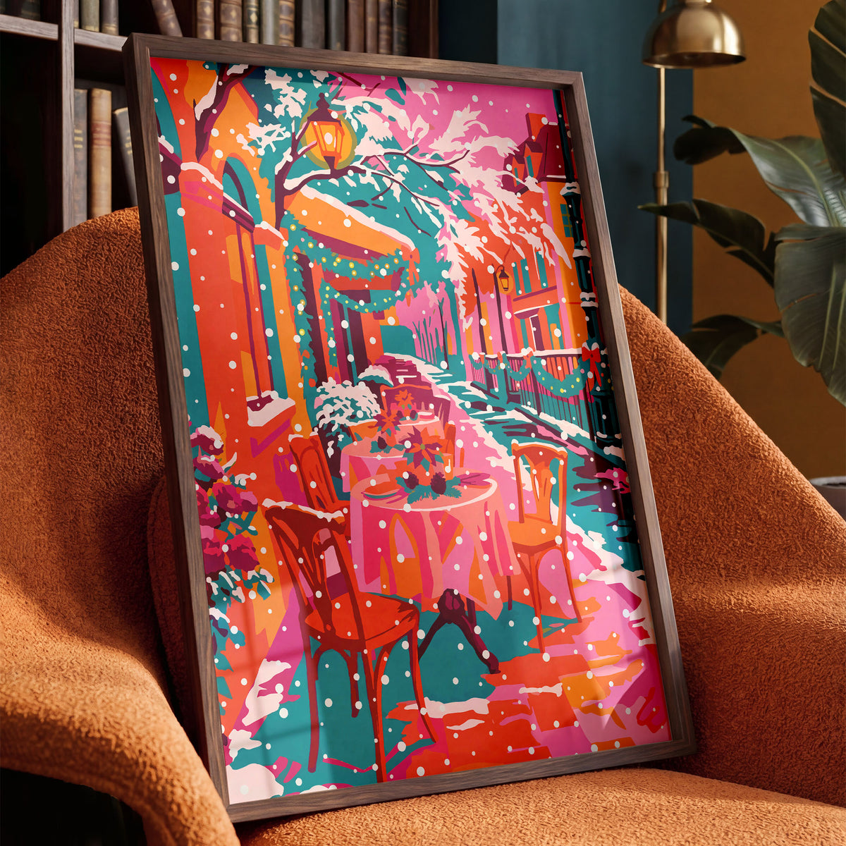 Colorful holiday street scene wall art featuring a dressed bistro table, falling snow, and string lights along a teal and coral city street. 
