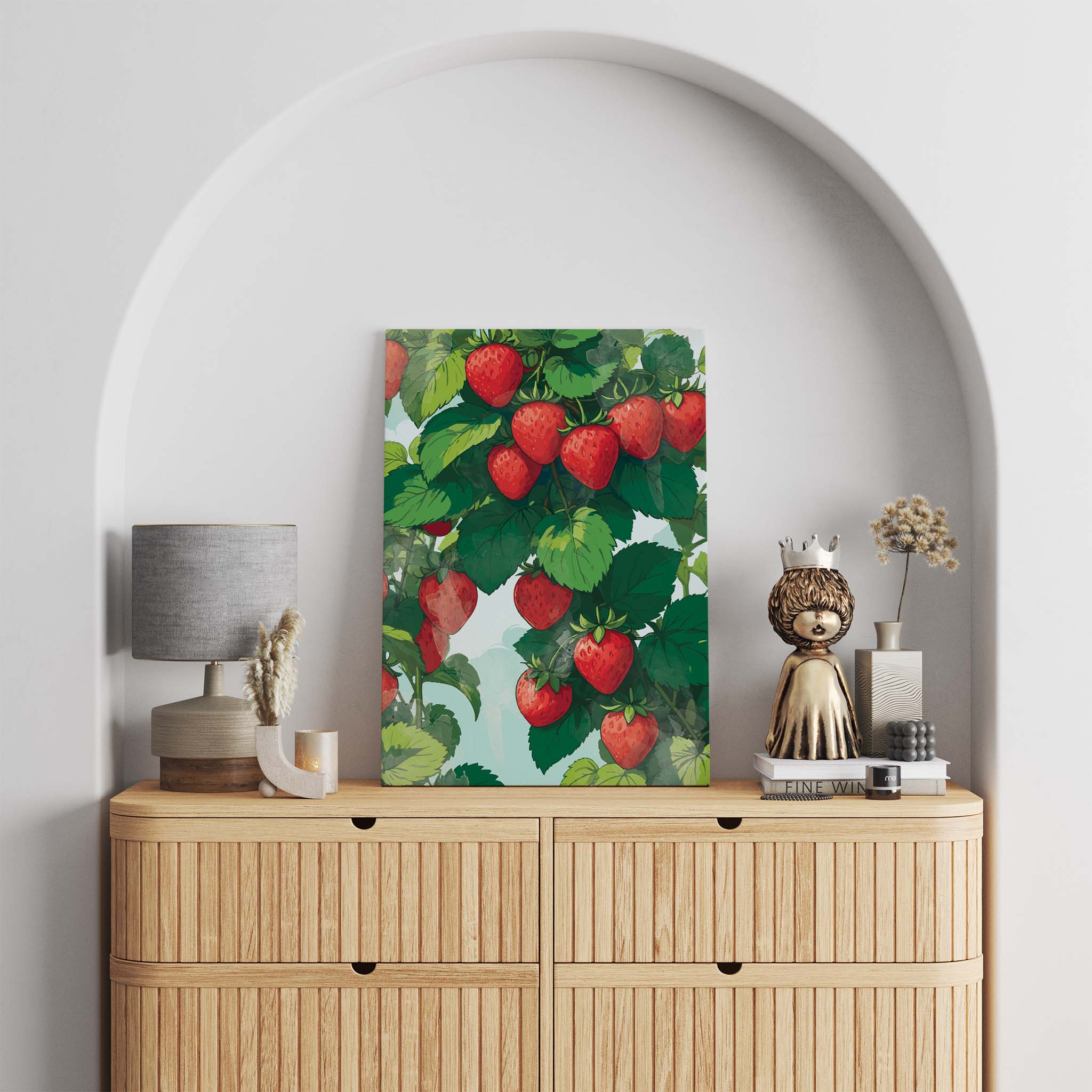 Printable wall art featuring vibrant red strawberries growing among lush green leaves on a sunny day, illustrated in a botanical style, perfect for kitchen, garden, or farmhouse-themed decor