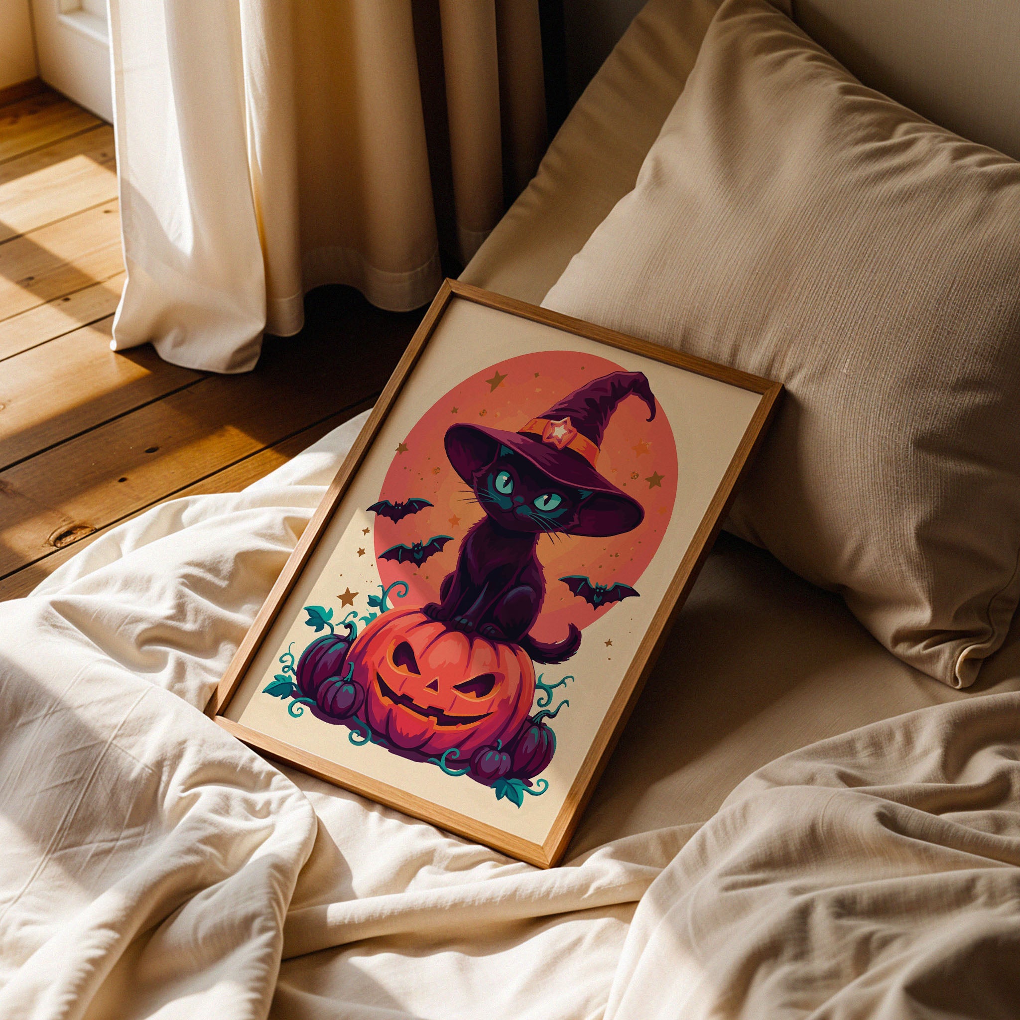Close-up of a classic Halloween witch cat illustration - intense teal-eyed black cat in a purple wide-brim witch hat perched on a grinning jack-o-lantern with teal curling vines, purple pumpkins, and bats in flight on a soft cream ground