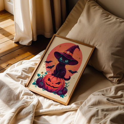 Close-up of a classic Halloween witch cat illustration - intense teal-eyed black cat in a purple wide-brim witch hat perched on a grinning jack-o-lantern with teal curling vines, purple pumpkins, and bats in flight on a soft cream ground