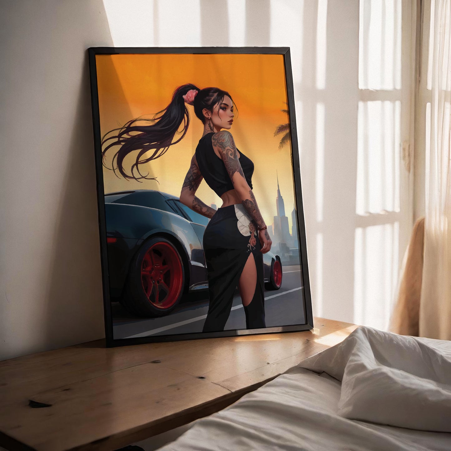 Stylish woman with tattoos and ponytail standing by sports car at golden sunset, bold urban wall art printable