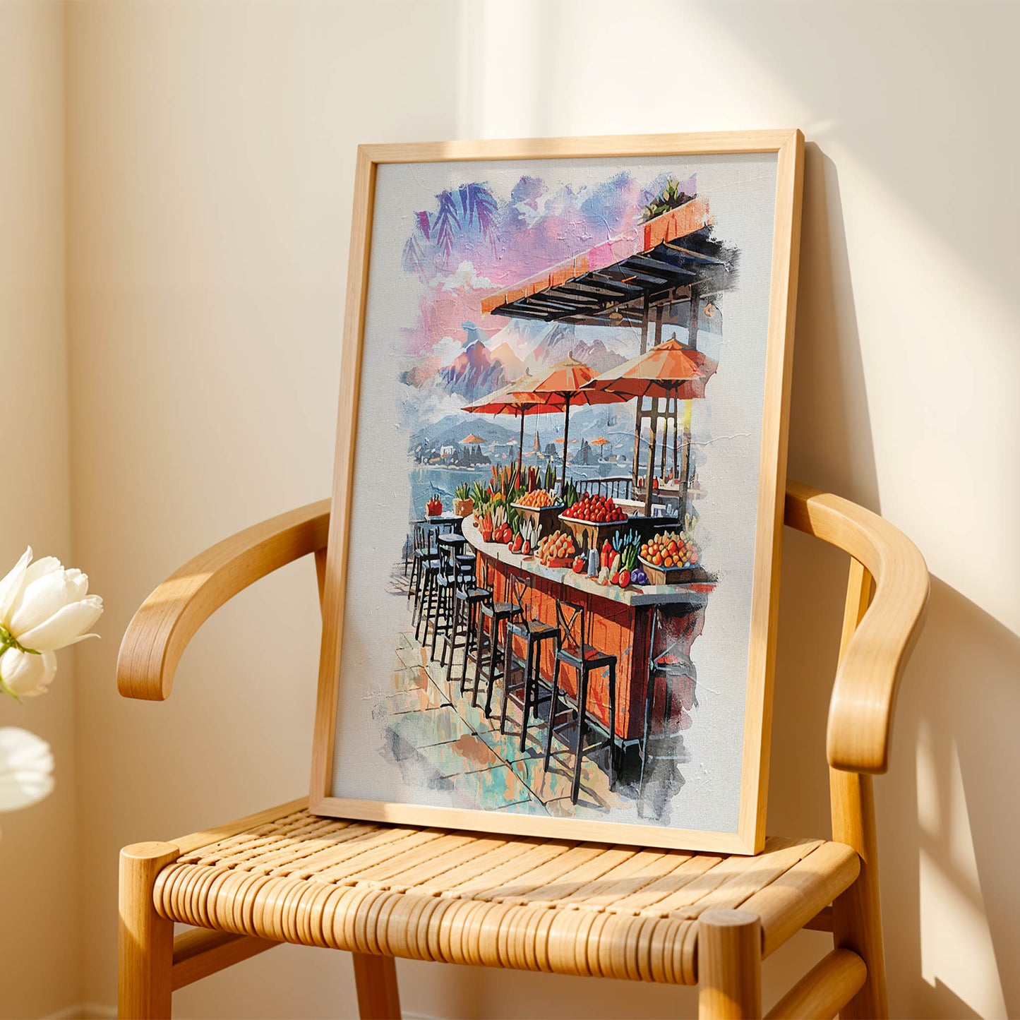 Coastal café painting with fruit stand, bar stools and umbrellas set against a dreamy harbour and mountain backdrop