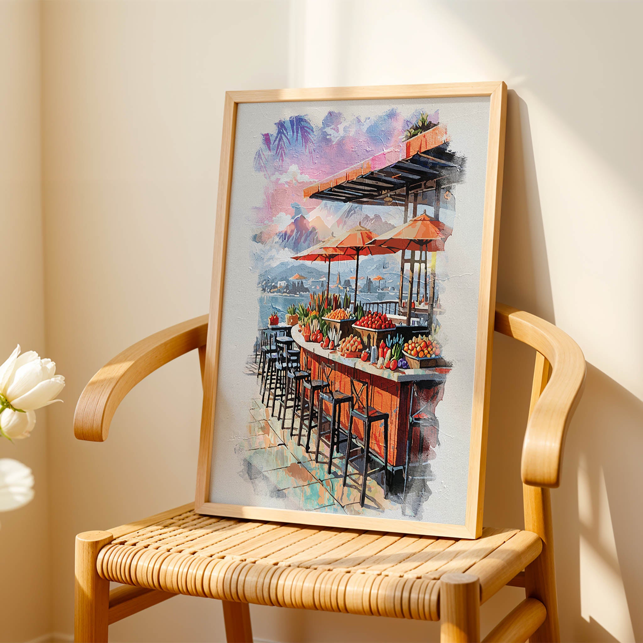 Coastal café painting with fruit stand, bar stools and umbrellas set against a dreamy harbour and mountain backdrop