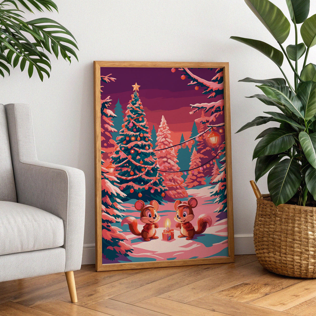 Colorful holiday wall art featuring a star-topped Christmas tree, string lights, and two woodland chipmunk characters in a pink and teal snow scene.