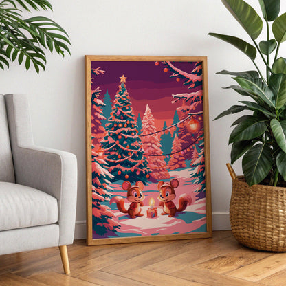 Colorful holiday wall art featuring a star-topped Christmas tree, string lights, and two woodland chipmunk characters in a pink and teal snow scene.