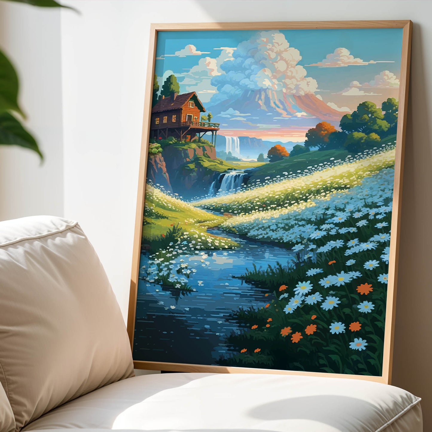 Printable wall art of a serene mountain landscape with a cozy wooden cabin, wildflower meadow, flowing river, and distant waterfall under a colorful sky, perfect for nature-inspired home decor