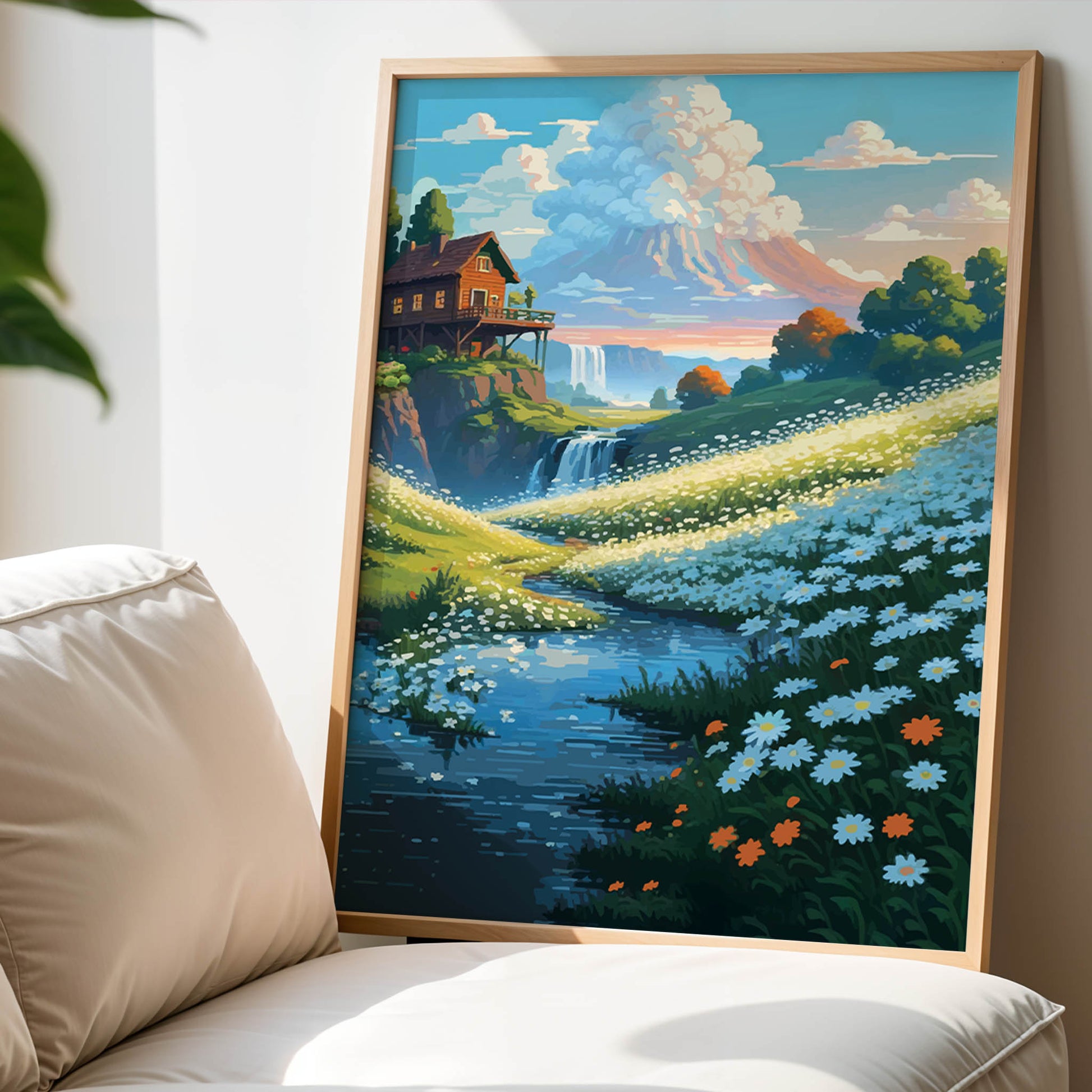 Printable wall art of a serene mountain landscape with a cozy wooden cabin, wildflower meadow, flowing river, and distant waterfall under a colorful sky, perfect for nature-inspired home decor